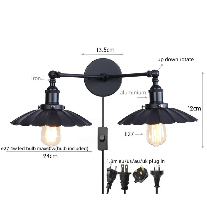 Afralia™ Industrial Retro LED Wall Lamp with Two Heads and Pull Chain Switch