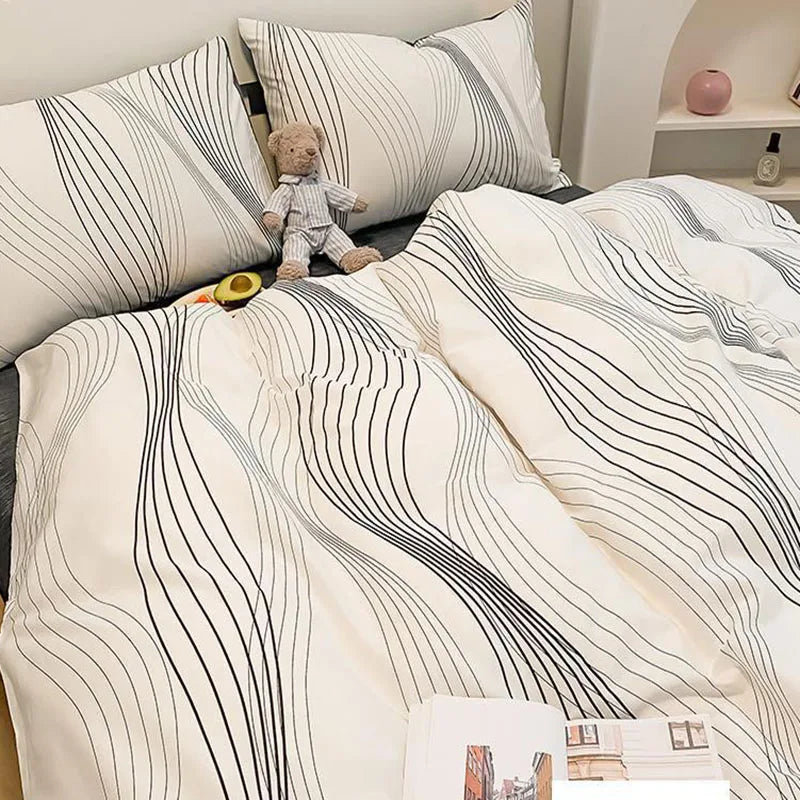 Afralia™ Pure Cotton Striped Bedding Set Duvet Cover Fitted Sheet Kit for Single/Double