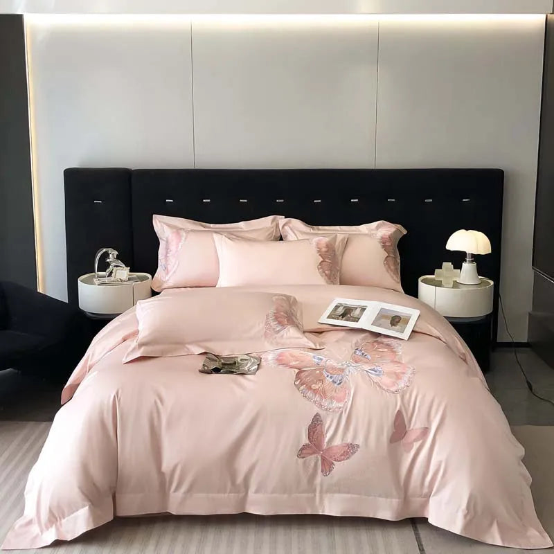 Afralia™ Butterfly Embroidery Bedding Set: King/Queen/Ru Size Bed Linens, Sheet, Pillowcase, Comforter Cover