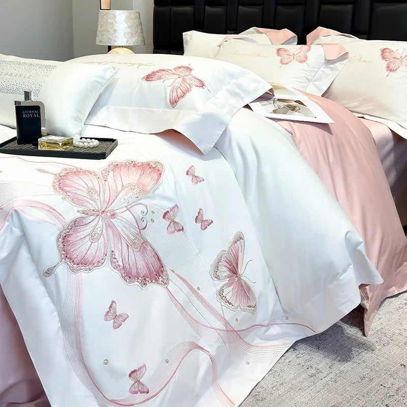 Afralia™ Butterfly Embroidery 100% Egyptian Cotton Bedding Set with Luxury Duvet Cover