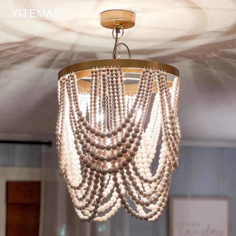 Afralia™ Boho Wooden Beaded Chandelier Lamp for Kitchen/Dining Room/Hallway/Foyer