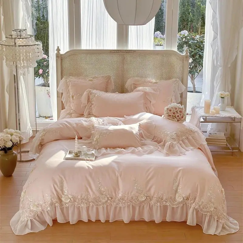 Luxury Lace Ruffle Wedding Bedding Set by Afralia™