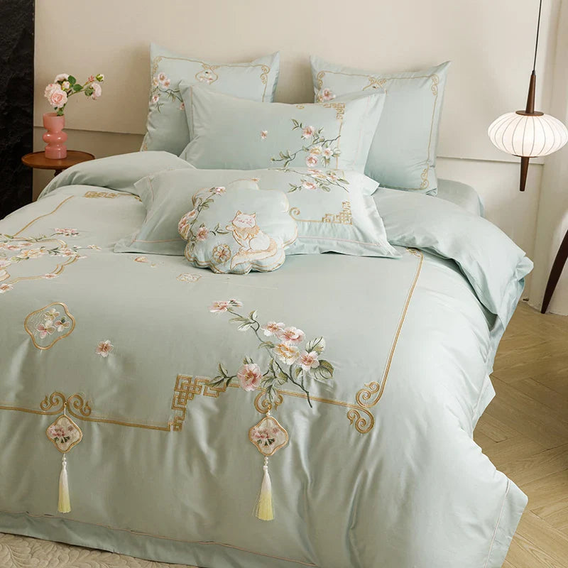 Afralia™ Luxe Flowers Embroidery 1000TC Egyptian Cotton Bedding Set with 2 Pillowcases