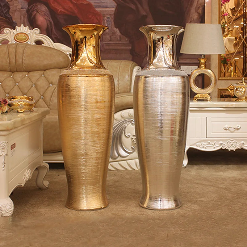 Afralia™ European Luxury Ceramic Floor Vase in Golden & Silver for Elegant Home Decor