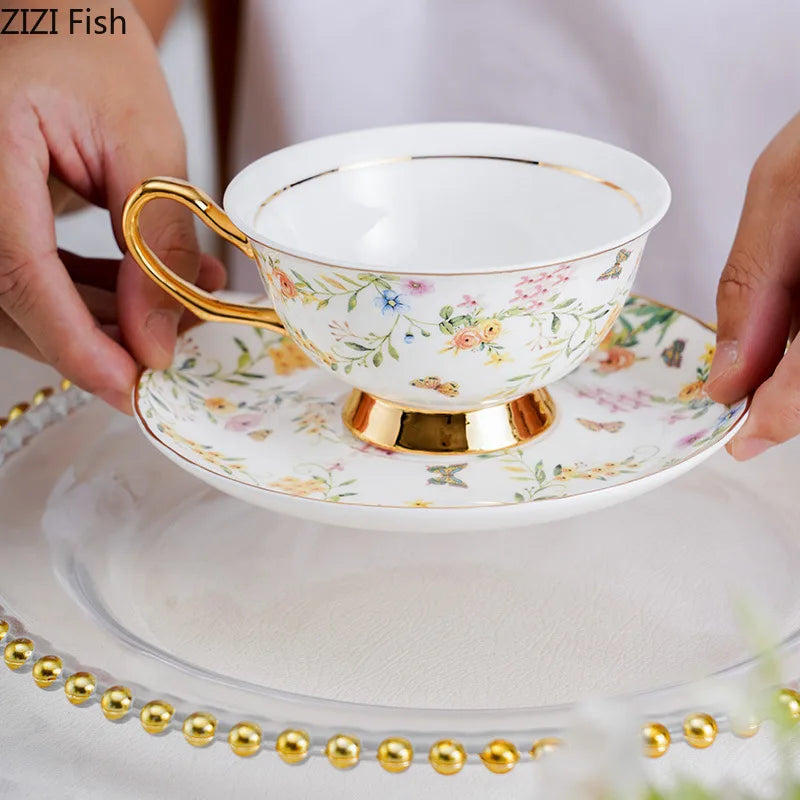 Afralia™ Gold Flowers Pattern Ceramic Cup & Saucer Set for Elegant Dining Experience