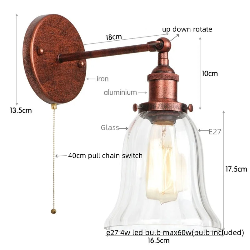 Afralia™ Vintage LED Wall Sconce Pull Chain Switch Glass Country Mirror Light