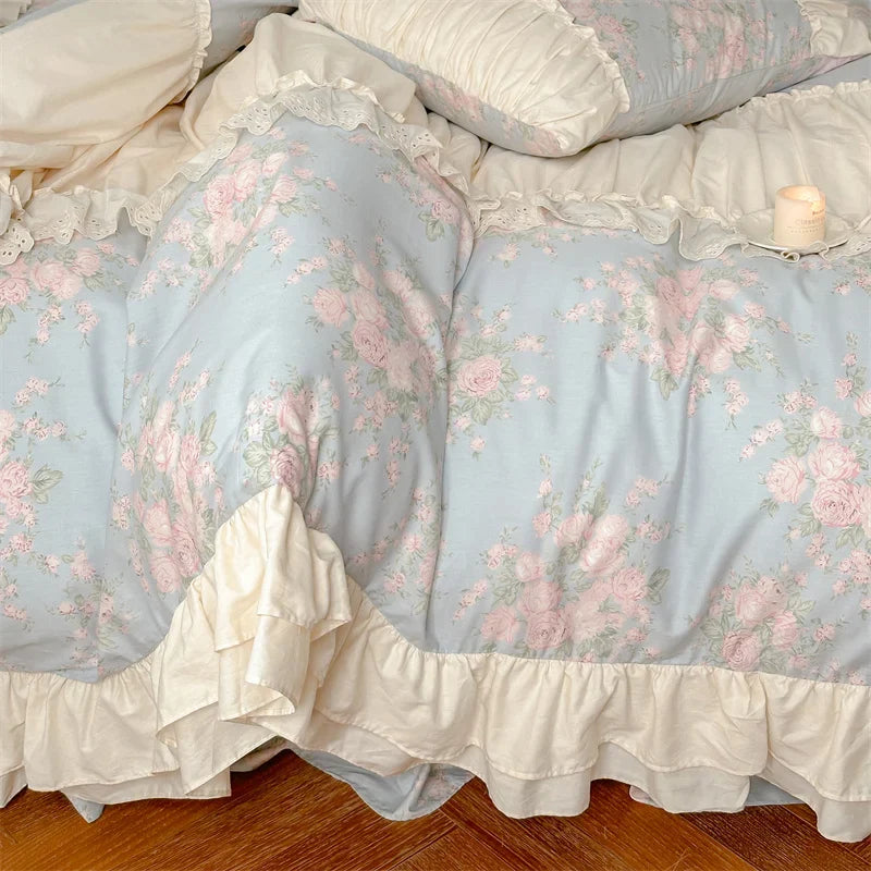 Afralia™ French Floral Bedding Set: Vintage Country Flowers with Ruffles, Duvet Cover, Flat Sheet & Pillowcases