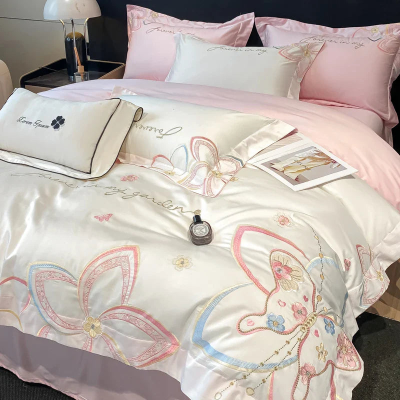 Afralia™ Embroidered Butterfly Flowers Patchwork Bedding Set