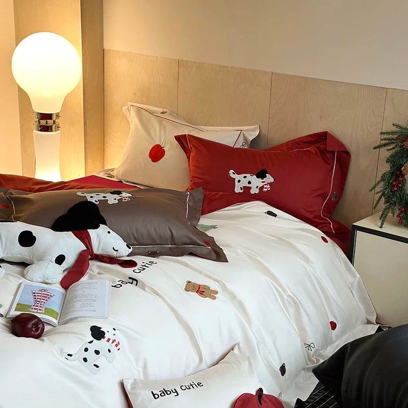 Afralia™ King Bear Embroidered Cotton Bedding Set - Luxury Duvet Cover with Bed Sheet