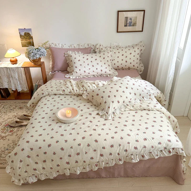 Afralia™ Floral Lace Ruffle Bedding Set, Fresh Flower Single Duvet Cover, 100% Cotton