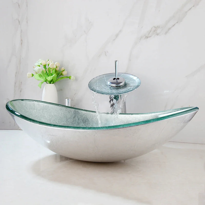 Afralia™ Silver Hand-Paint Art Glass Basin Sink Faucet Set for Bath Vanity