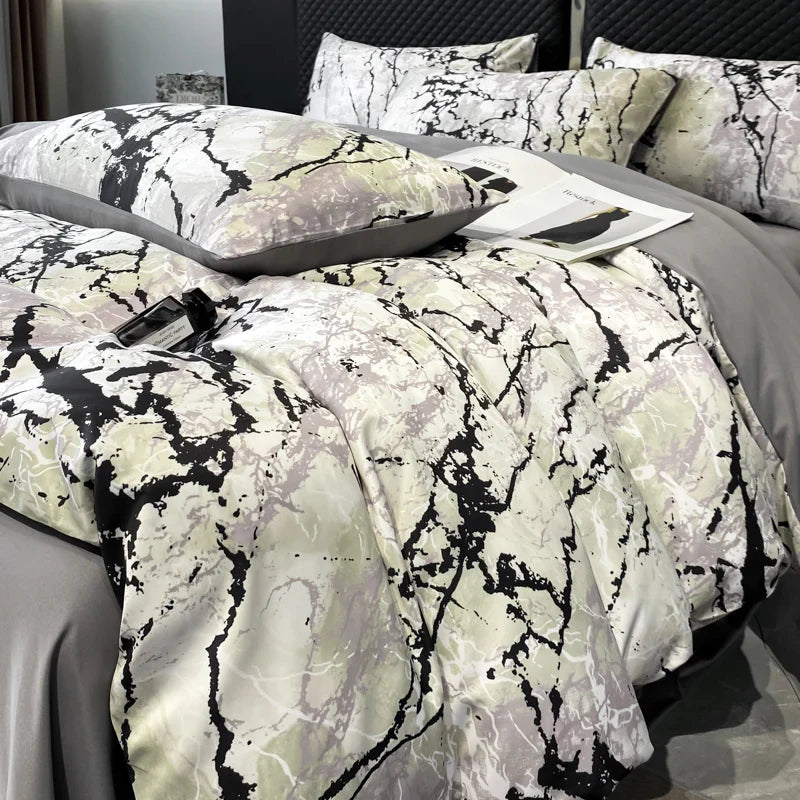 Afralia™ Black Grey Marble Ice Silk Duvet Cover Set - Luxury Cooling Comfort, Nordic Style