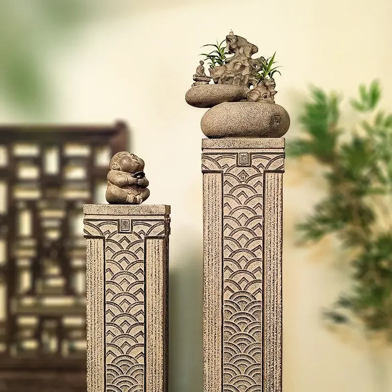 Afralia™ Chinese Antique Coin Stake Display Column for Garden and Living Room Décor