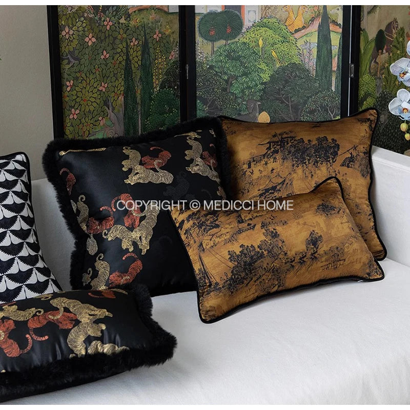 Afralia™ Chinoiserie Sunset Glow Landscape Accent Cushion Cover - Exquisite Retro Decor Pillowcase