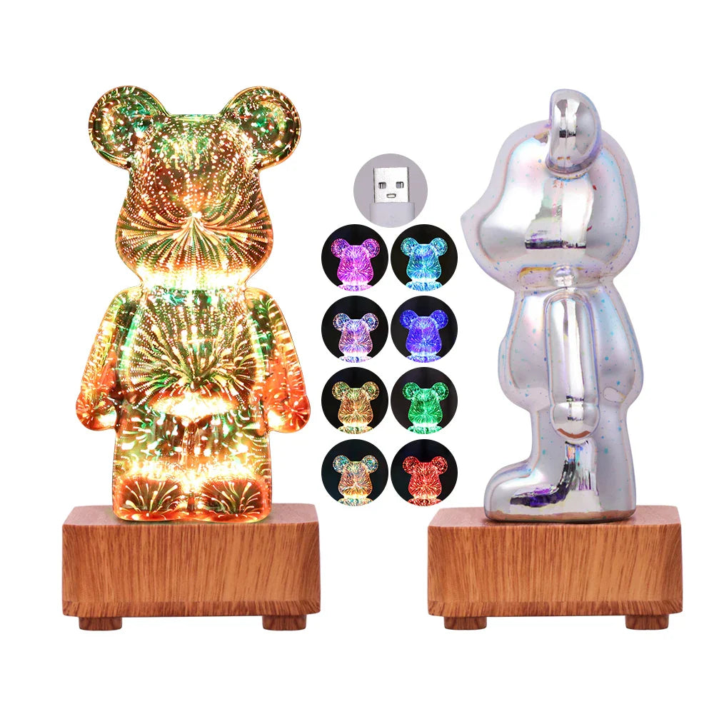 Afralia™ 3D Firework Bear Night Light - Color Changeable LED Lamp for Bedroom & Kids Gift