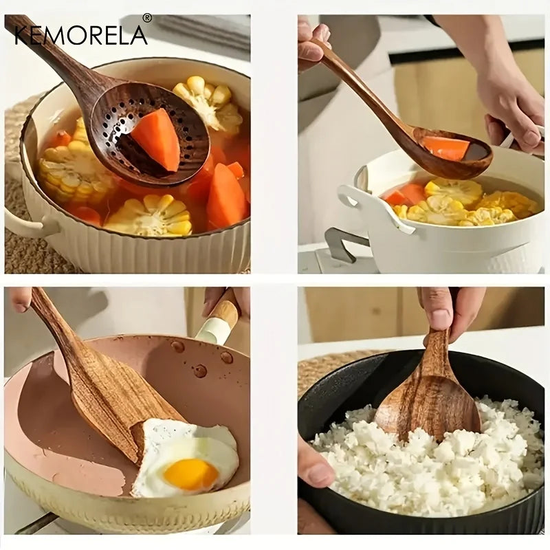 Afralia™ 5PCS Teak Wooden Cooking Spoon Set - Natural Kitchen Tableware Tools