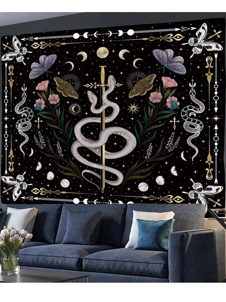 Afralia™ Snake Moon Phase Stars Butterfly Night Psychedelic Mystery Tapestry