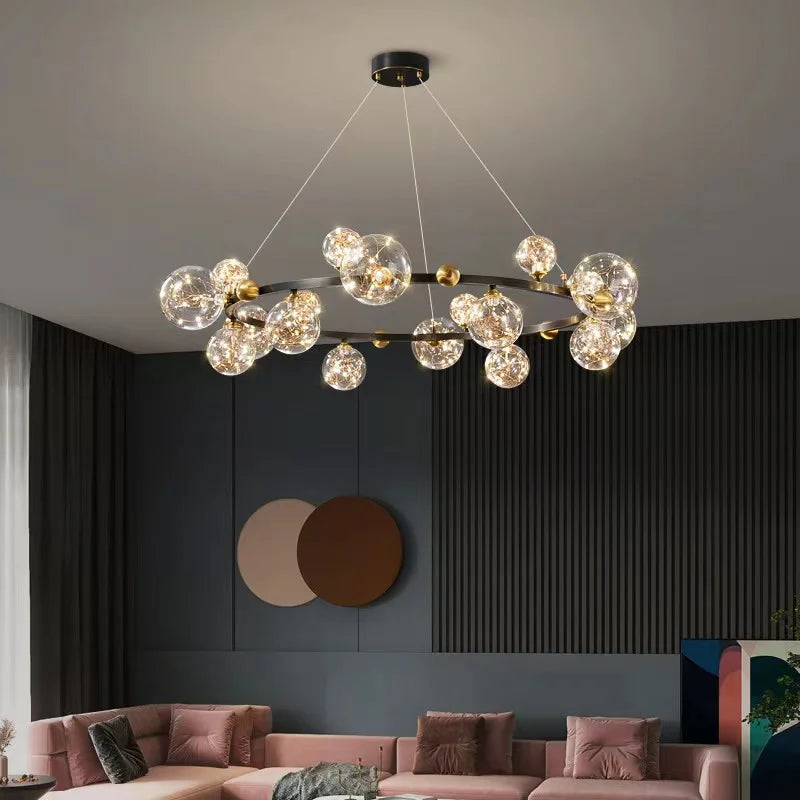 Afralia™ LED Glass Bulb Pendant Light: Modern Round Design, Gold/Black, Gypsophila String