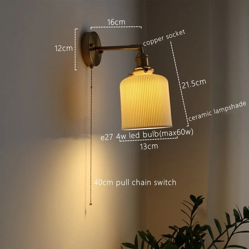 Afralia™ Ceramic LED Wall Sconce Pull Chain Switch for Dining Bedroom Bathroom Mirror
