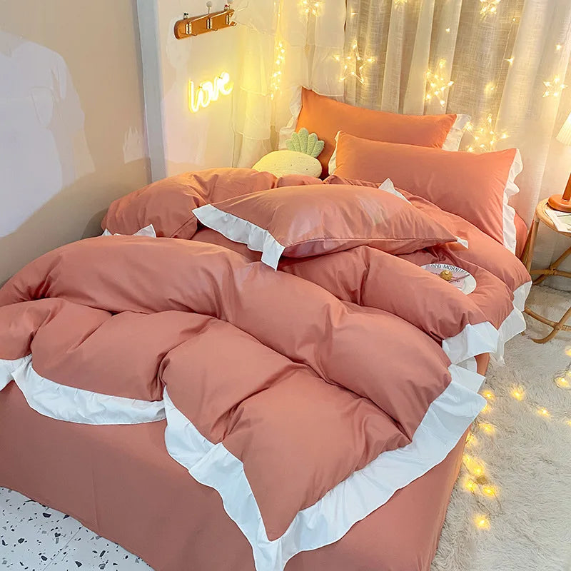 Afralia™ Cotton Ruffle Edge Duvet Cover Set - Soft, Thick, Solid Color