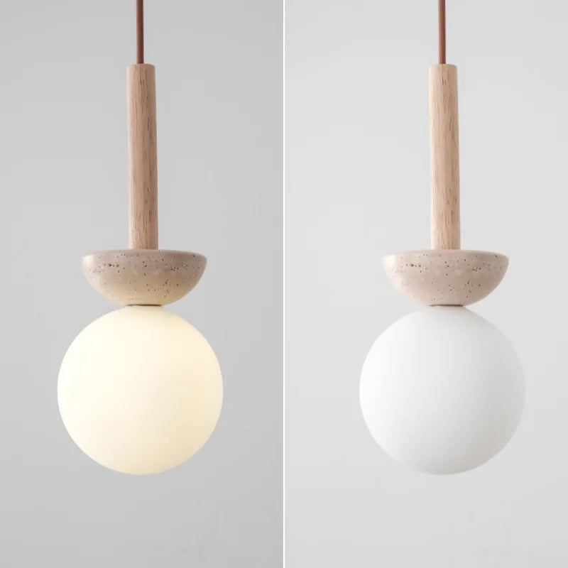 Afralia™ White Glass LED Pendant Lights Modern Yellow Travertine Wood Hang Lamp