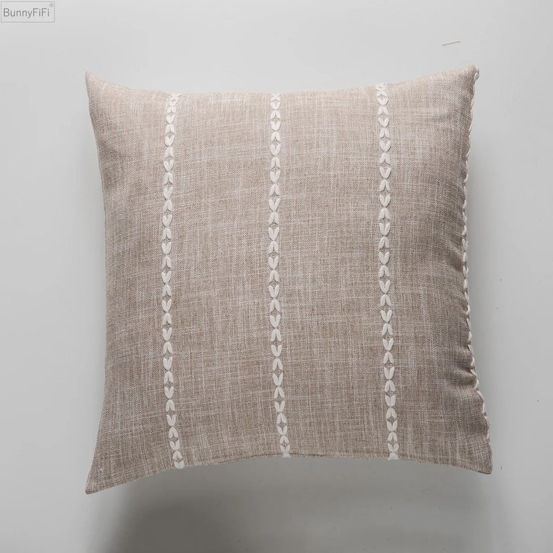 Afralia™ Brown Grey Stripe Embroidery Cushion Cover Set, Cotton Linen, 45x45cm 60x60cm Home Decor