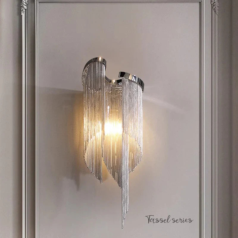 Afralia™ Chrome Chain Tassel Wall Sconce - Luxe Living Room Decor Fixture