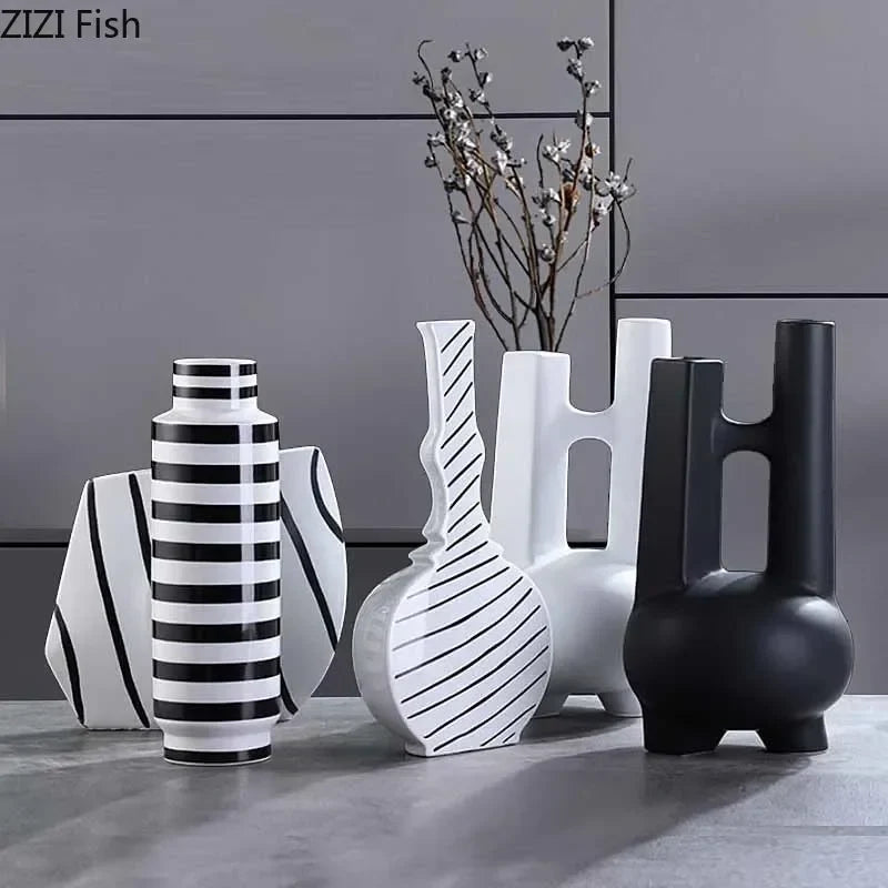 Afralia™ Elegant Striped Ceramic Vase TV Cabinet Crafts Hydroponic Home Decor Gift