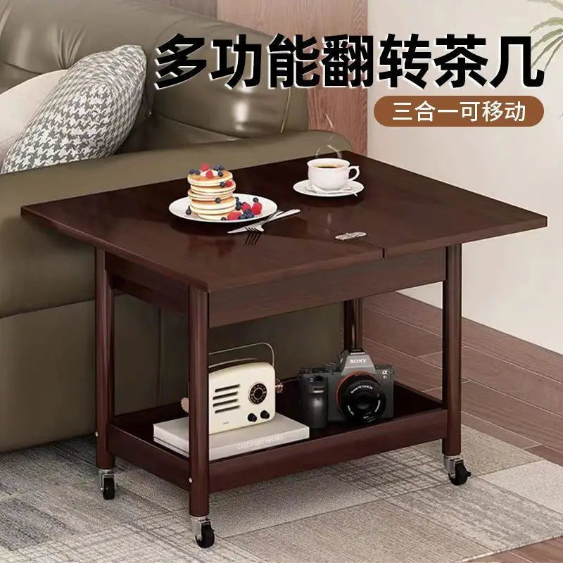 Afralia™ Ash Wood Cart Coffee Table with Folding Desktop Storage