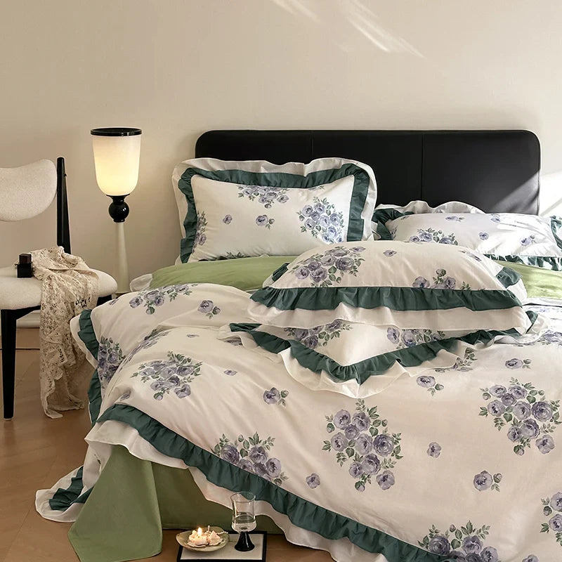Afralia™ Vintage Floral Cotton Ruffles Princess Bedding Set with Double Layer