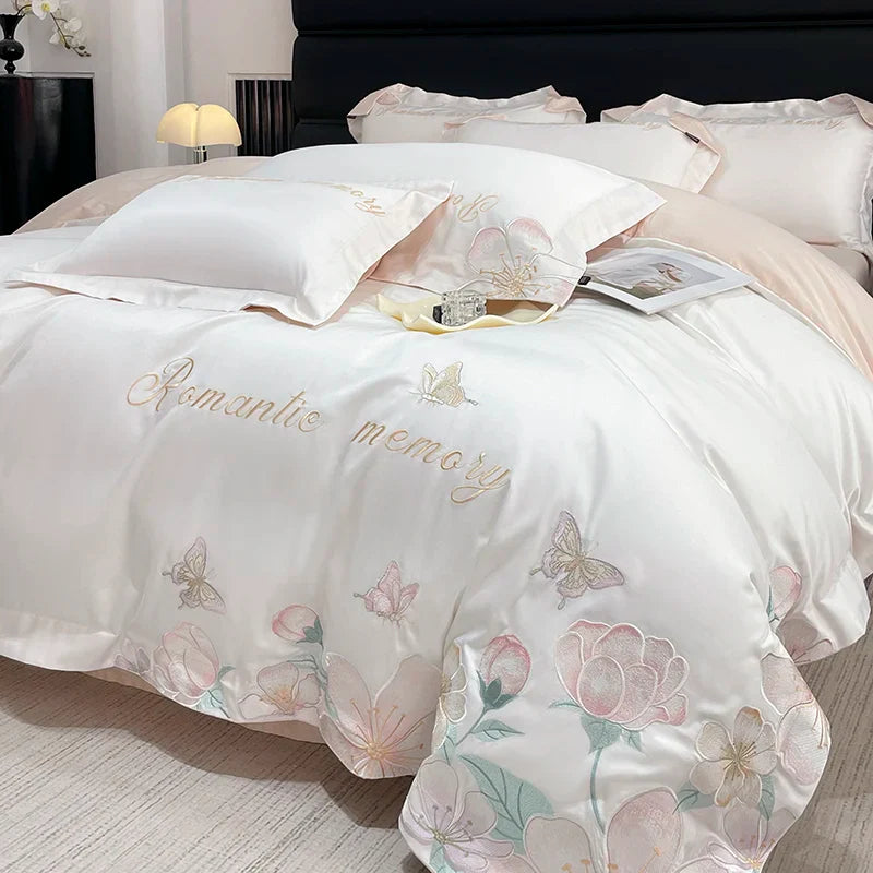 Afralia™ Embroidered Flowers Butterfly Bedding Set - 4Pcs