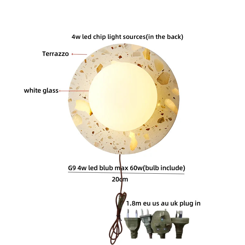 Afralia™ Terrazzo Stone Glass LED Wall Light Fixture with Pull Chain Switch