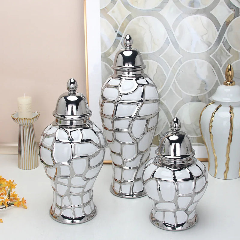 Afralia™ Silver Grid Porcelain Ginger Jar: Elegant Home Decor Vase & Storage Tank