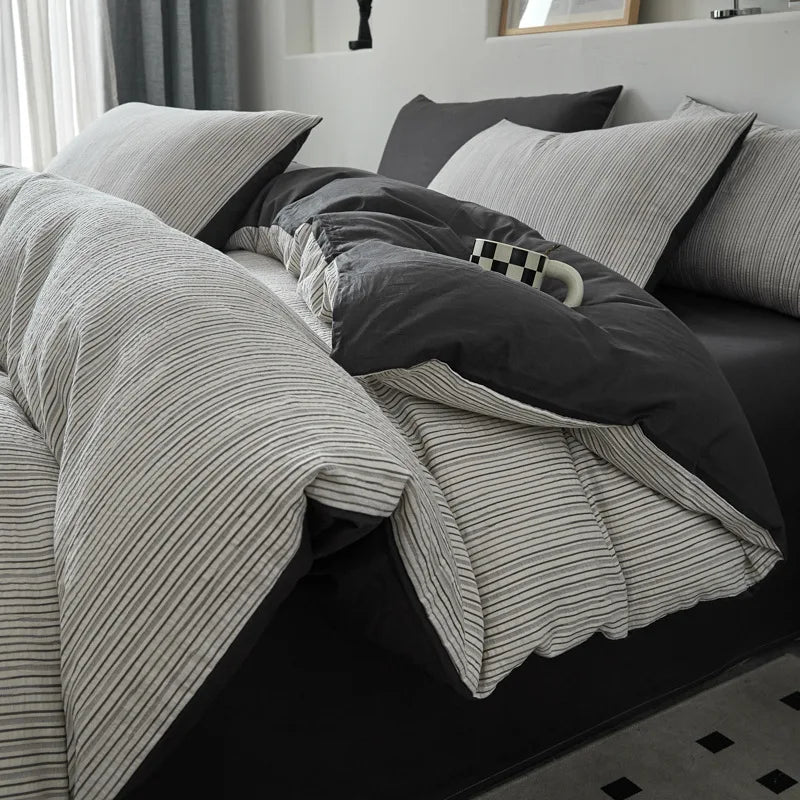 Afralia™ Striped Jacquard Cotton Bedding Set: Duvet, Fitted Sheet, Pillowcase. King Queen Size