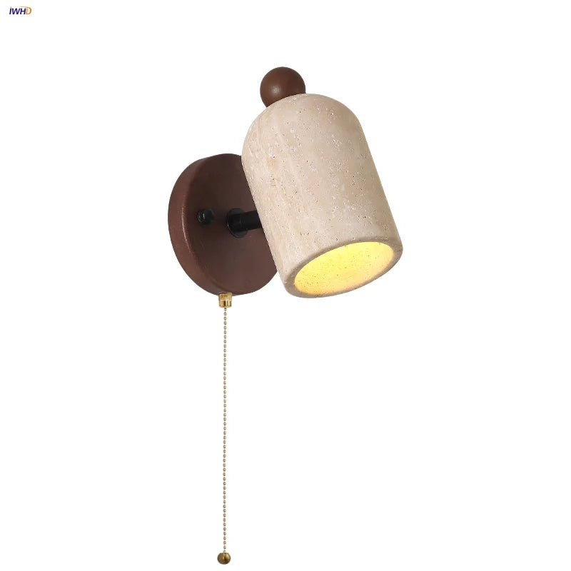 Afralia™ LED Wall Light Fixture Up Down Rotate Pull Chain Switch Yellow Travertine Wood