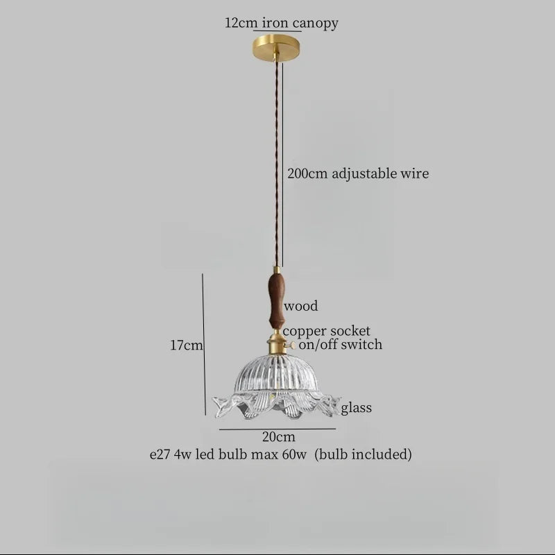 Afralia™ Glass LED Pendant Light Modern Wood Copper Hanglamp for Bar Cafe Loft