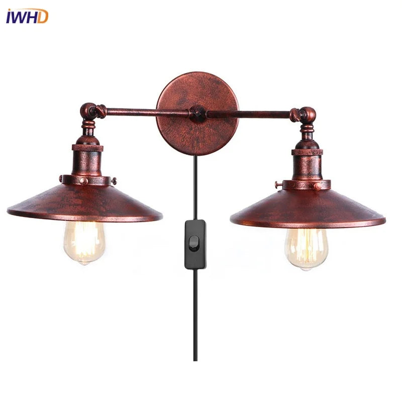 Afralia™ Industrial Vintage Double Heads LED Wall Light for Coffee Reading, Plug In Bedside Lamp