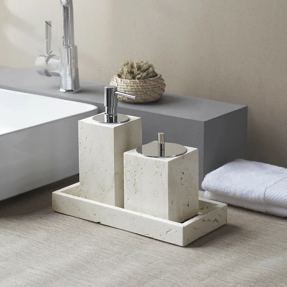 Afralia™ Beige Travertine Marble Bathroom Set - Soap Dispenser Toothbrush Holder Tissue Box