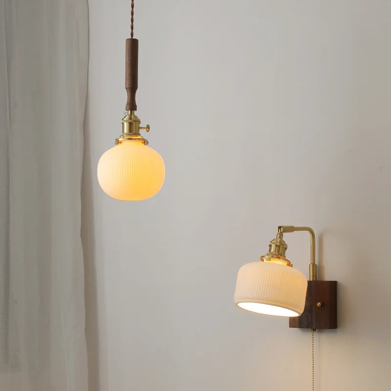 Afralia™ Ceramic Walnut Copper LED Pendant Light Chandelier for Bedroom Living Room