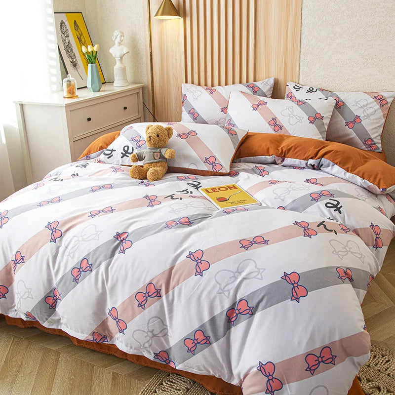 Afralia™ Cute Cat Bear Print Bedding Set - Single Queen, Fashionable Design for Boys & Girls