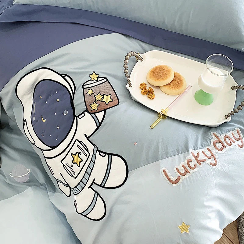 Afralia™ Astronaut Cartoon Embroidery Boys Bedding Set, 100% Cotton, Single Duvet Cover, Bed Sheet, Pillowcases