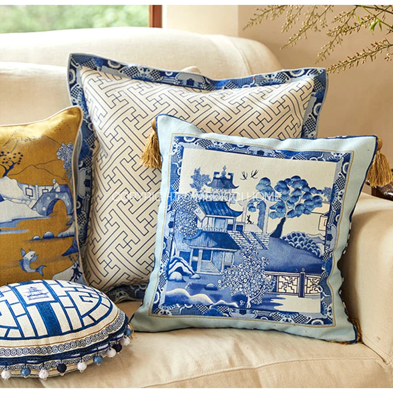 Afralia™ Chintz Blue Cobalt Circular Throw Pillow Covers with Tassels - 35x35cm