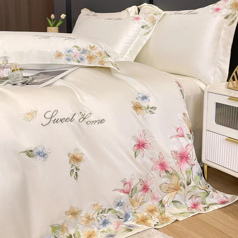 Afralia™ Flowers Embroidery Silky Duvet Set with Comforter Cover & Fitted Sheet