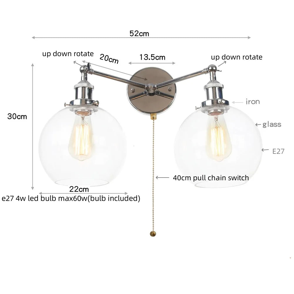 Afralia™ Retro LED Wall Light with Pull Chain Switch, 2 Heads Sconce for Living Room