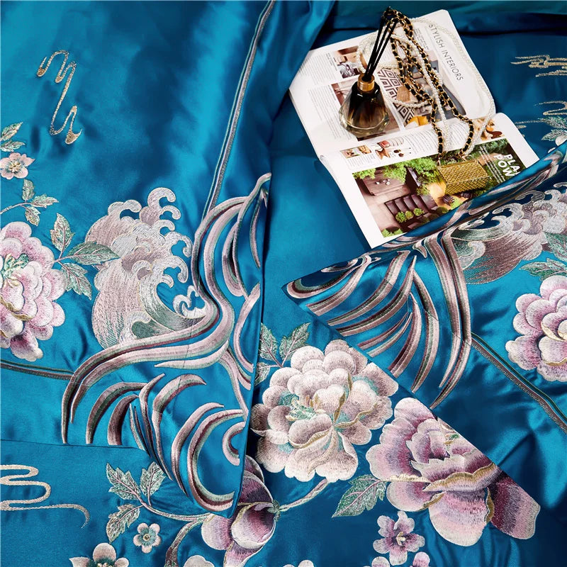 Afralia™ Peony Flowers Embroidery Bedding Set - Luxury Chinese Style - Duvet Cover & Sheets