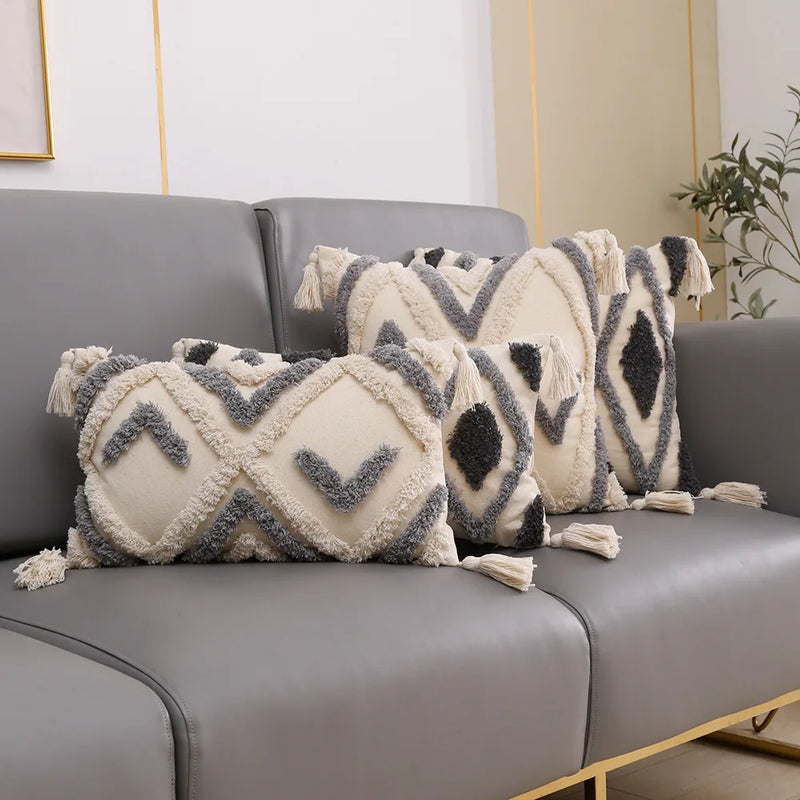 Afralia™ Grey Geometric Tufted Cushion Cover with Fringe, Home & Car Decor Pillow Cover