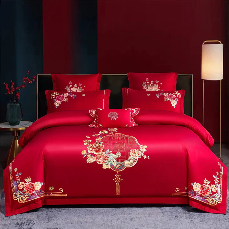 Afralia™ Red Luxury Chinese Wedding Embroidery 4Pcs 800TC Egyptian Cotton Bedding Set