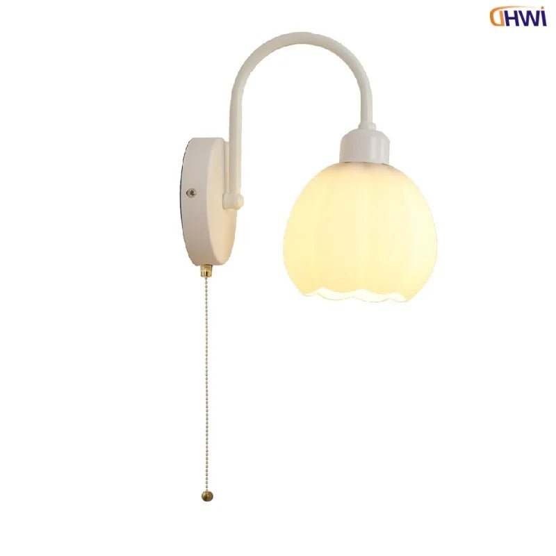 Afralia™ White Glass LED Wall Lights Modern Simple Pull Chain Switch I