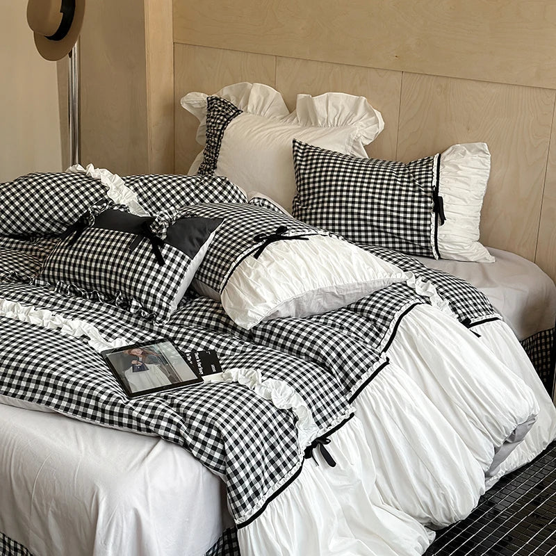 Afralia™ Checkered Ruffle Pleat Bedding Set with Bow Decoration