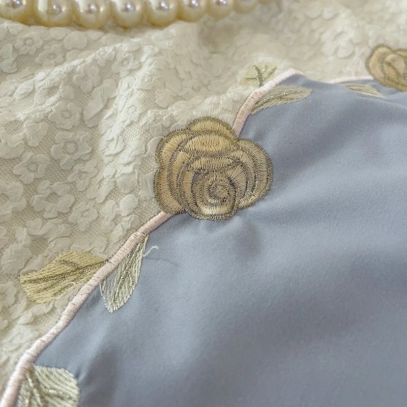 Afralia™ Lace Embroidery Princess Bedding Set - Duvet Cover, Sheet, Pillowcases - Blue Pink Purple